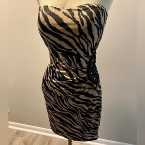 Dots Strapless Blk/Tan Bodycon Animal Print Mini Dress, Open Beaded side - Sz M